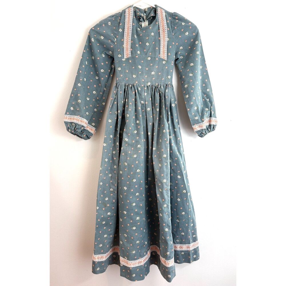Vintage Prairie Maxi Dress Girls Dusty Blue Floral Cottagecore Boho Approx Age 7